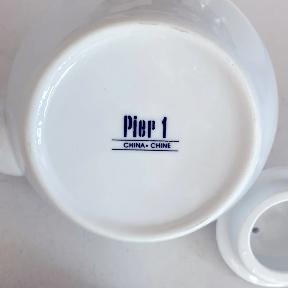 Pier 1 Imports Porcelain Tea Set White China Teapot & 4 Cups Classic Decor Asian